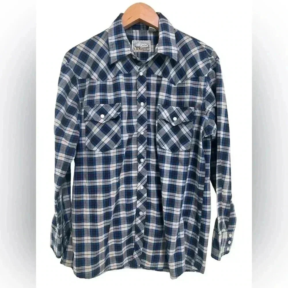 VINTAGE New Frontiers Mens Large Blue Plaid Big Yank Weastern Pearl Snap Shirt